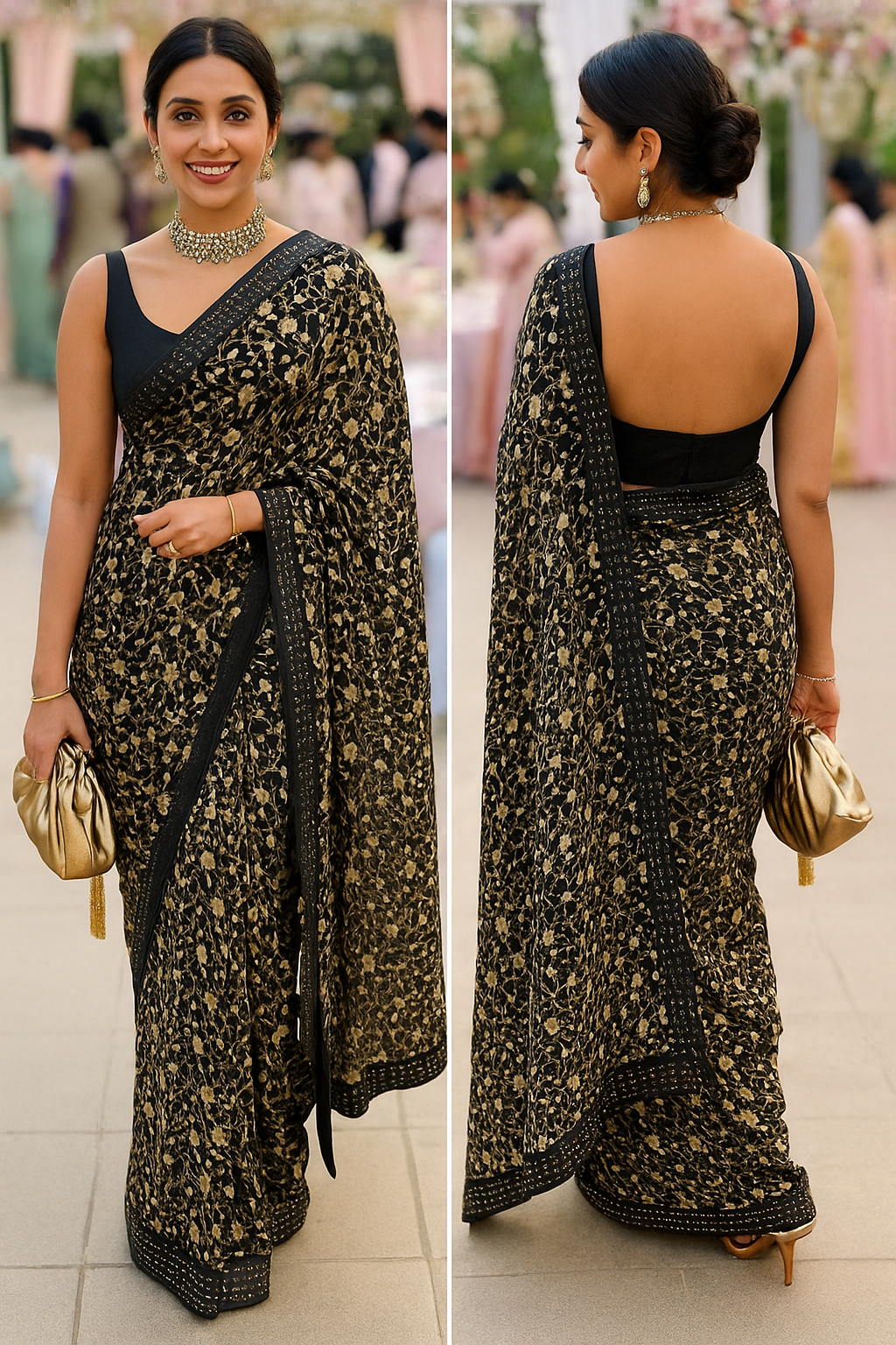 Elegant Black Floral Saree with Sequin Border