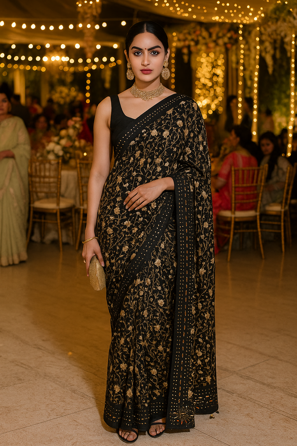 Elegant Black Floral Saree with Sequin Border
